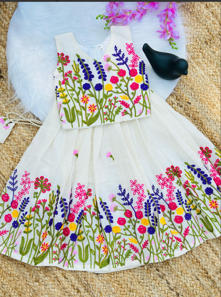 Innovative Flower Work Pure Kora Cotton Lehengha and Top for Kids