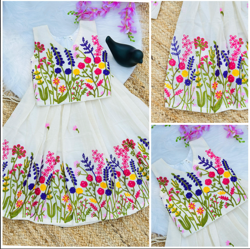 Innovative Flower Work Pure Kora Cotton Lehengha and Top for Kids