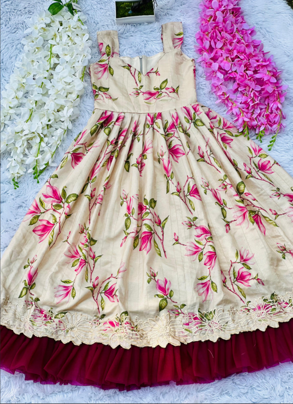 Hot Flower Print Pure Tussar Silk Kids Gown