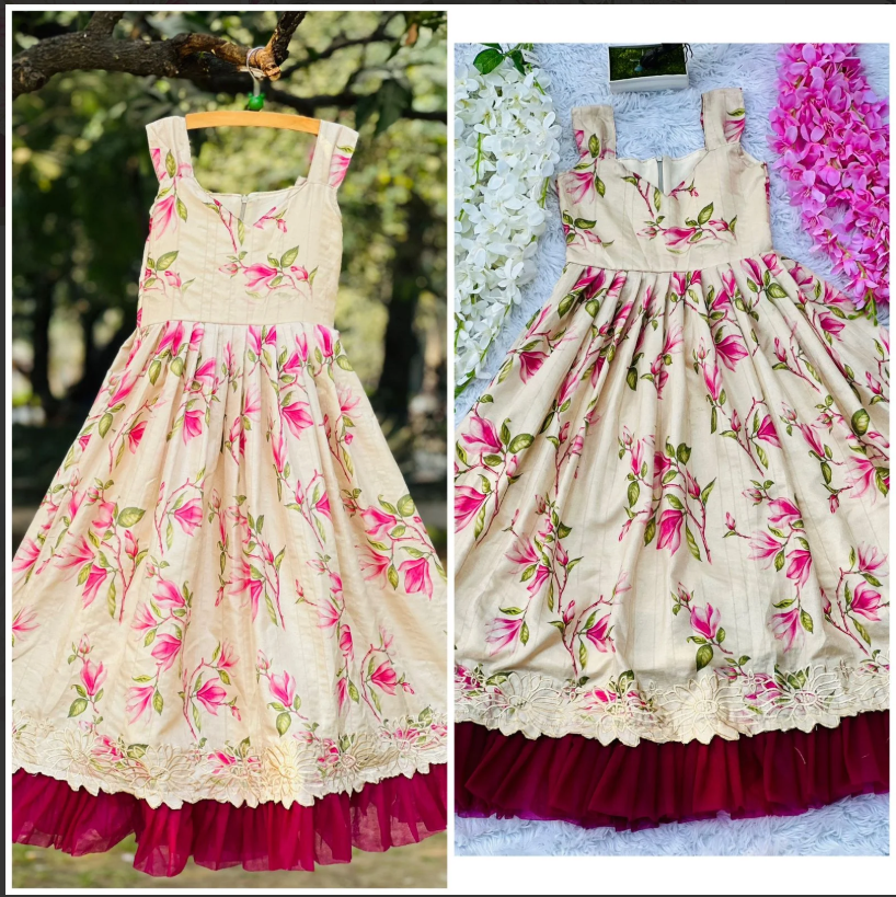 Hot Flower Print Pure Tussar Silk Kids Gown