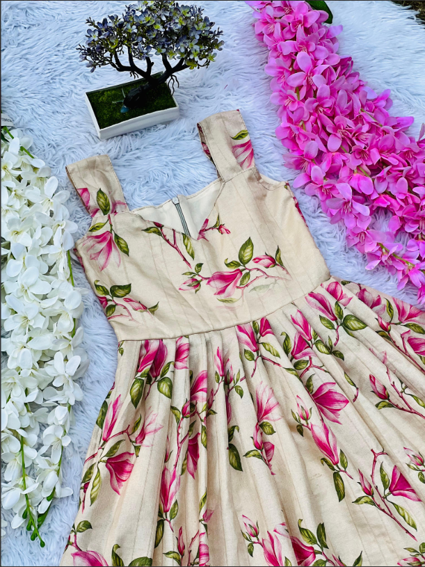 Hot Flower Print Pure Tussar Silk Kids Gown