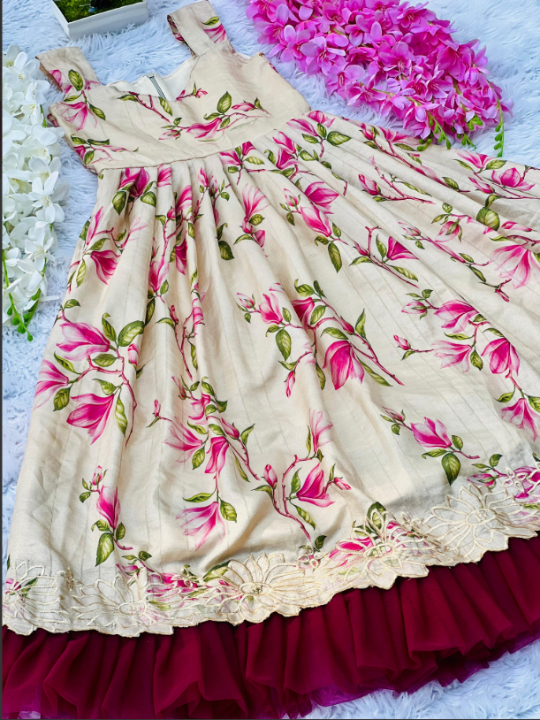 Hot Flower Print Pure Tussar Silk Kids Gown