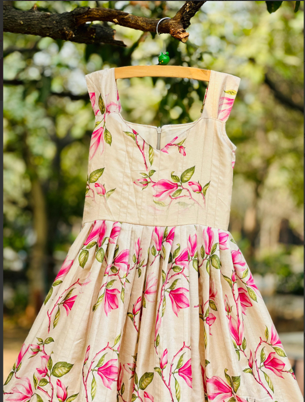 Hot Flower Print Pure Tussar Silk Kids Gown